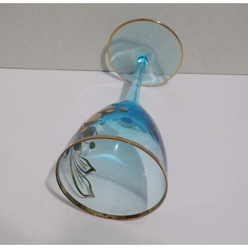 Vintage Hungry‎ Romanian Blue Cordial Glasses Gold Roses Wine 4oz Glass Set of 6
